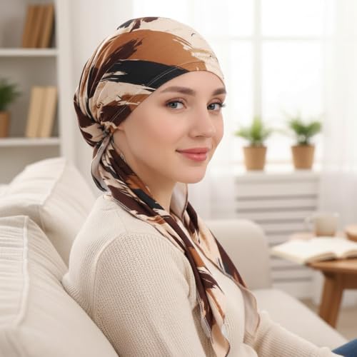 3 Packed Women's Pre Tied Head Scarves Slip On Chemo Beanies Hair Cover Headwrap Caps - color: A2-long Strap-3 Packed