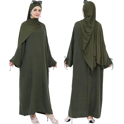 Women 1PC Abaya Dress Simple Kaftan Eid Dress for Women Muslim Casual Robe Fashion Jilbab Dubai Travel Outfits - color: Army Green, size: Medium
