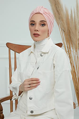 Aisha's Design Instant Turban Plain Cotton Scarf Head Wrap Lightweight Hat Bonnet Cap for Women - color: Powder