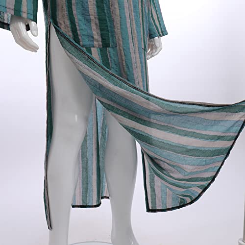 IDOPIP Men's Muslim Thobe Long Sleeve Striped Robe Gown Arab Islamic Kaftan Abayas Dress Middle East Dubai Ramadan Clothing - color: Green, size: X-Large