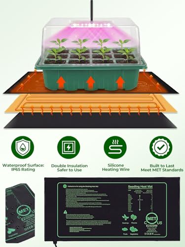 Seed Starter Tray 3 Pack with Heating Mat & 24 Full Spectrum LEDs Grow Light – Auto Cycle Timer, Humidity Dome Ventilation Cover, Drainage Holes, Includes Gardening Tools – Green Version - color: Green×3