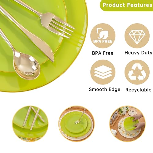 MirthMood 210pcs Green Plastic Plates,Disposable Green Gold Party Plates,Include 30 Dinner,Dessert Plate,30 Cup&30 Napkins, 90 Gold Silverware for St Patrick's Day & Wedding & Birthday(grape green) - color: Grape Green, size: 210