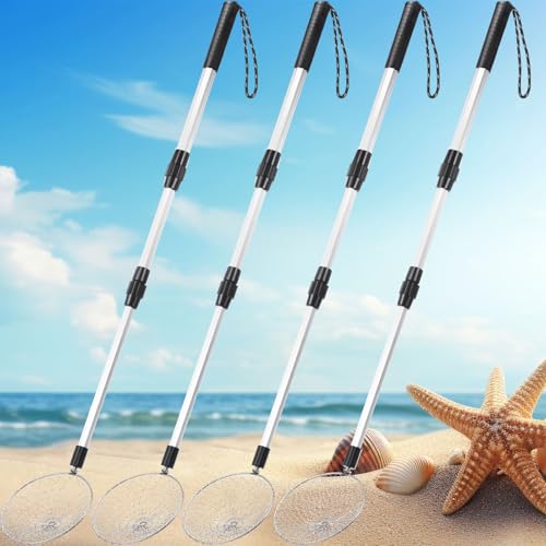 Vinsot 4 Pcs Shark Tooth Sifter Beach Sand Sifter Set 41.4" Adjustable Beach Sand Scoop Shell Scooper with Long Handle for Family One for Each Picking up Shells Beachcombing Rock Hunting