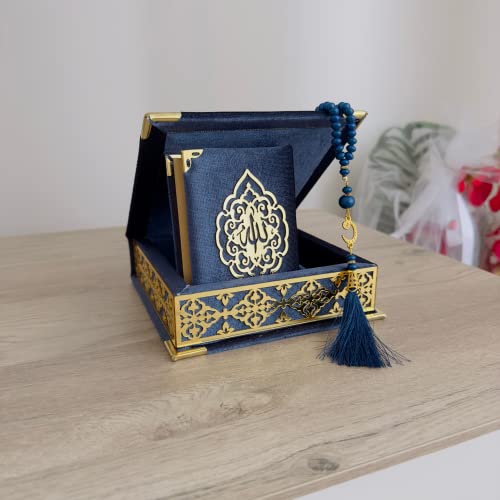 Velvet Covered Quran Tasbeeh Set - Holy Quran Prayer Beads, Wooden Gift Box, Islamic Wedding & Graduation Gift, Muslim Eid & Ramadan Favor (Navy Blue) - color: Navy Blue