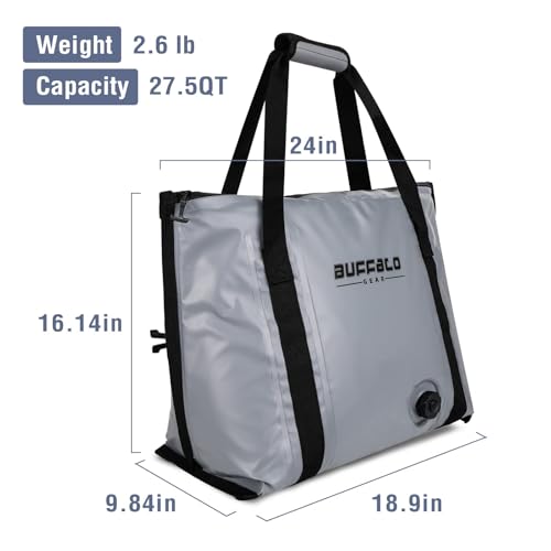 Buffalo Gear Insulated Fish Cooler - 27.5QT 58QT Waterproof Flat Bottom Bag, Leakproof and Fishing Kill Bag - color: Gray-27.5QT