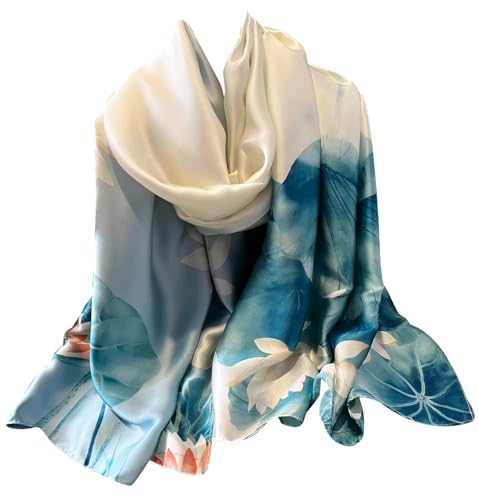 Womens 100% Large Mulberry Silk Scarf Long Satin Scarf Fashion Lightweight Wraps - color: Blue and White Flowers