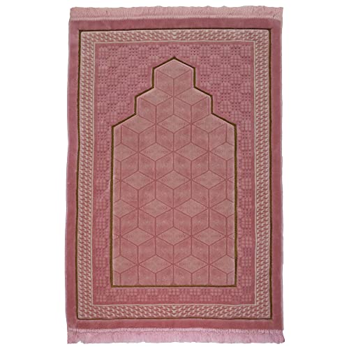 Modefa Turkish Islamic Velvet Prayer Rug - Thick & Wide Soft Praying Carpet for Men & Women - Double Plush Large Janamaz - Eid & Ramadan Gift - with Kufi, Beads & Car Hanger - Geometric Noor (Pink) - color: Pink
