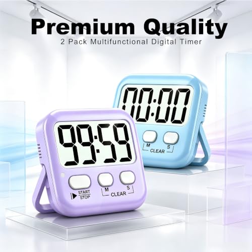 2 Pack Digital Timer for Kids Classroom Kitchen Timers for Cooking | w/ Battery, Easy to View, Alarm, Mute Mode, Count Down/Up, Magnetic, Kickstand, Hanging, Classroom Timer for Teacher Supplies - color: 2 * Sky Blue + Lavender Purple