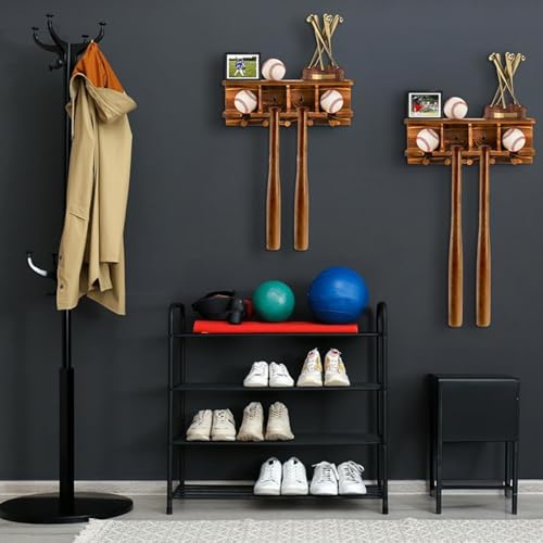 Tebery Wood Baseball Bat Holder and Ball Display Shelf Wall Mounted, Sports Memorabilia and Collectibles Floating Shelf Hanging Organizer Bat Rack