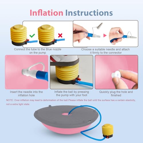 kisnbld Half Balance Ball Trainer, Inflatable 19/23 Inch Half Exercise Ball with Resistance Bands and Pilates Ball, Non-Slip 660lbs Capacity Yoga Ball for Home Gym Full Body Workouts - color: Pink