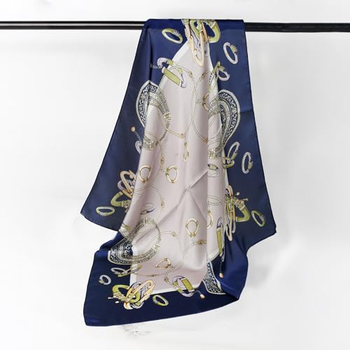27" Head Scarf Like Satin Silk for Women,Hair Scarves Bandana,Headband Silk Feeling for Hair Wrap - color: Dark Blue and White Gold