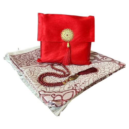 Muslim Prayer Rug and Beads with Elegant Slub Fabric Bag | Janamaz | Sajadah | Soft Islamic Prayer Rug | Islamic & Mawlid Gifts | Prayer Carpet Mat, Taffeta Fabric (Red, 1 Sets) - color: Red, size: 1 Sets