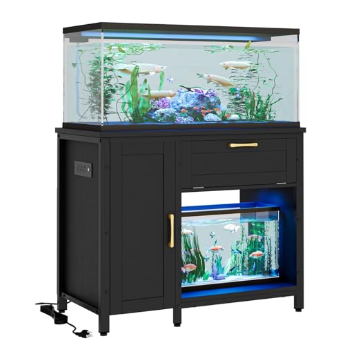 Bestier 40-50 Gallon Aquarium Stand with Power Outlet & LED Light, Black | 5-In-1 Outlet, Max Load 726Lbs, 22 Modes & 7 Colors Light, Heavy-Duty Metal Legs, Storage Cabinet & Drawer, Adjustable Shelf - size: 40-50 Gallon