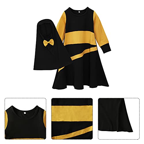 IBTOM CASTLE Abaya for Girl Kids Hijab Scarf Muslim Dress Two-piece Ramadan Prayer Clothes Islamic Arabic Kaftan Khimar Robe - color: Black - Yellow, size: 1-2T