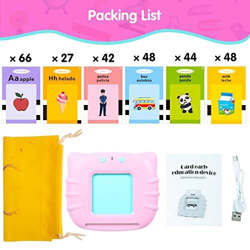 QuTZ ABC Learning Flash Cards for Toddlers 2-4 Bilingual Spanish English, Autism Toys, Speech Therapy Toys, Educational Talking 275 Sight Words Cards for Boys and Girls, - color: Pink