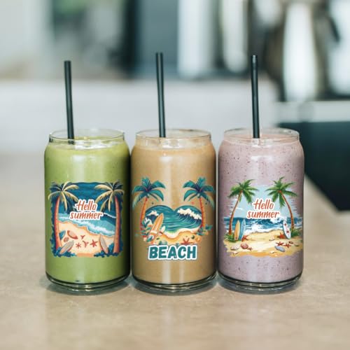 arricraft 10 Pcs Colorful Sand Beach Theme Cup Printing UV Transfer Papers, 10 Styles Shells Conch Tree Surfboard Starfish UV DTF Cup Wrap Stickers for 16 OZ Glass Cups Crafts 9.5x4.3inch - style: Colorful Sand Beach Theme