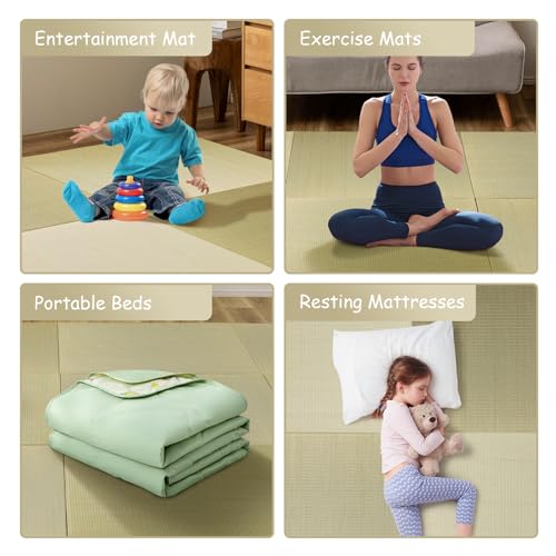 HAGiHARA Japanese Tatami Mat, Patchwork Tatami Floor Mats, 96" x 64" Foldable Square with Non-Slip Design for Bedroom, Crawling and Yoga, Made of Rush Grass, Igusa(Without Edge/6 Picecs) - size: 6pieces