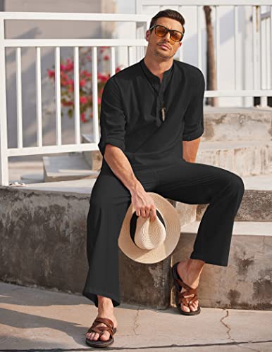 COOFANDY Men's 2 Pieces Cotton Linen Set Long Sleeve Henley Shirts Casual Beach Pants With Pockets Summer Yoga Outfits - color: Black, size: XX-Large