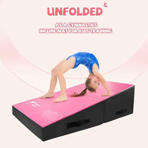 Kangaroo Hoppers Gymnastics Cheese Wedge Mat for Kids Ages 1-12 | 3 Sizes Folding Incline Mat with High-Density EPE Foam and Removable PVC Leather Cover, Home Gym Training Equipment - color: Black/Hot Pink, size: 56" x 28" x 15"