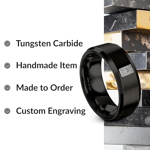 Gift for Muslim Devotee - Prayer Rug Pattern Ring - Black Yellow Rose Gold - Band - Anniversary Wedding - Personalized Custom Engraving - Flat Dome Bevel - 8mm - Men Women - Tungsten Carbide - color: 11 - Black Tungsten