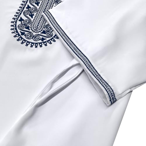 Men Arabic Thobe Short Sleeve Plus Size Loose Fit Embroidery Thobe with Pockets Long Abaya Muslim Kaftan Robe for - size: Small