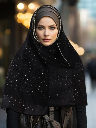 Geyoga Hijab Scarf for Women Soft Chiffon Rhinestone Long Scarf Shawl Fashion Muslim Hijab Head Wrap Scarves - color: Black