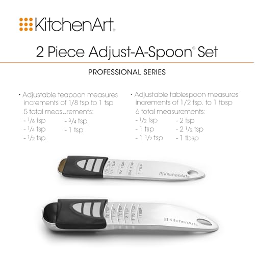 KitchenArt Stainless Steel Pro Sliding Adjust-A-Tablespoon and Teaspoon Set | All In One Measuring Spoons | Declutter Your Kitchen | Measuring Spoon Set | Baking & Cooking Essentials | Easy to Use Spoons - size: Tablespoon and Teaspoon