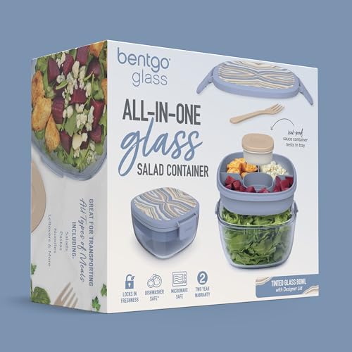 Bentgo Glass Prints Salad Container - 7.6-Cup Tinted Glass Salad Bowl with Airtight Lid, Leak-Proof Sauce Container, 4-Compartment Bento Meal Prep Tray & Reusable Fork (Wildly Chic - Soft Blue) - color: Wildly Chic - Soft Blue