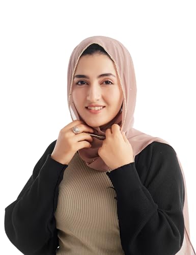 Hijab for Women Premium Chiffon Hijab Rhinestone Hijab Scraf for Women Muslim - color: Light Brown