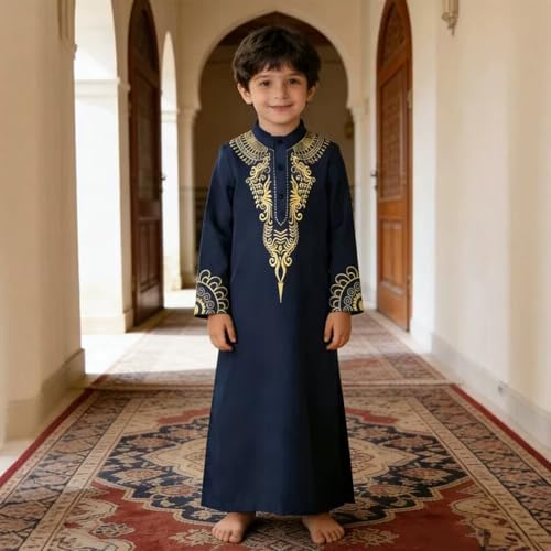 Kids Long Sleeve Dubai Dress Abaya Saudi Arab Kaftan Islamic Robe Muslim Thobe Embroidery for Ceremony - size: 3-4T