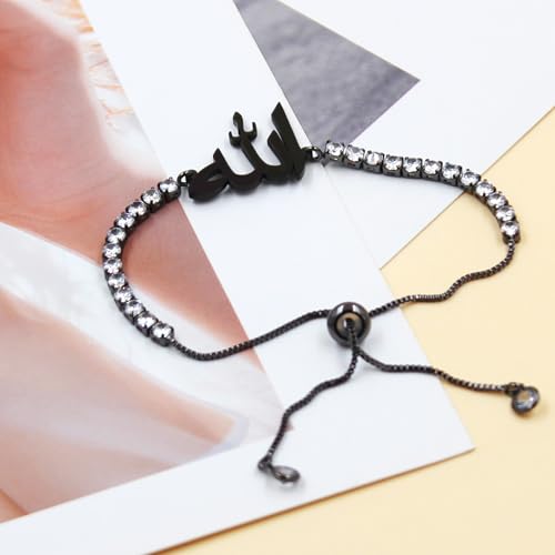 Allah Bracelet for Men and Women, Zircon Tennis Chain Adjustable Low Sensitivity Islamic True God Jewelry for Husband Wife Mom Dad's Religious Belief Gift - color: black