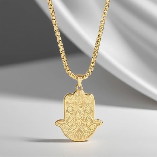 Gold Hamsa Hand Necklace for Men & Women, Stainless Steel Hand of Fatima Pendant, Spiritual Protection Amulet on a Box Chain