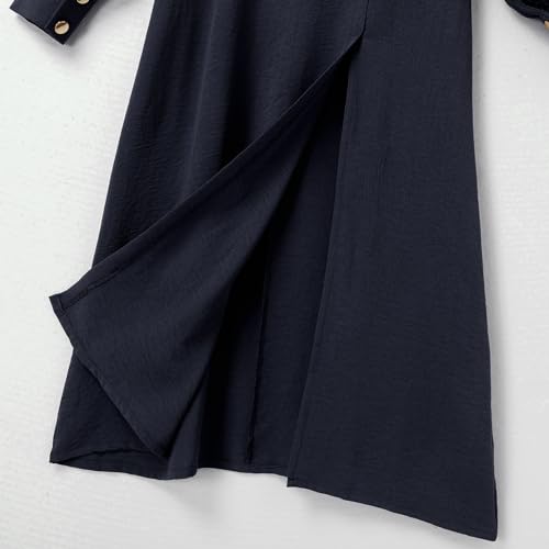 IDOPIP Abaya Dress for Women Muslim Set Long Sleeve Ramadan Islamic Dress Shirt with Pants 2PCS Dubai Prayer Casual Clothes - color: Navy Blue - Split, size: Medium