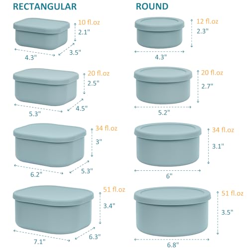100% Silicone Food Storage Containers with Lids, 8 Pack, 10oz to 51oz, Reusable Leakproof Nesting & Stackable Silicone Bento Lunch Box, Microwave Freezer Dishwasher Oven Safe, BPA Free, Slate Green - color: Slate Green | 8 Pack
