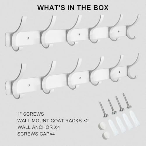 Coat Rack Wall Mounted,6 Coat Hooks for Hanging Coats,Heavy Duty Metal Double Hook Rack Hook Rail,Coat Rack with Hooks,Wall Mount Coat Hanger for Hat Towel Purse Robes (2 Pack White, 6 Hooks) - color: 2 Pack White