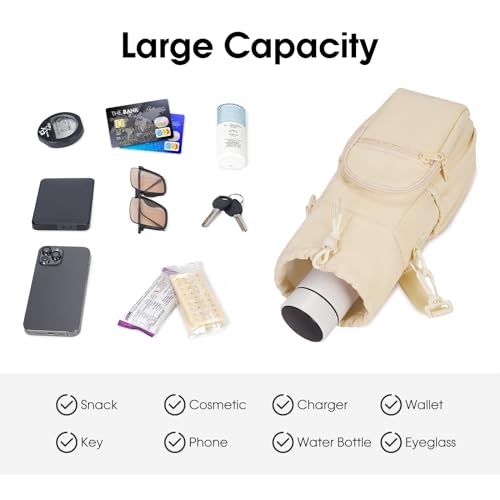 sportsnew 40oz Insulated Crossbody Water Bottle Bag Gym Hiking Phone Pocket | Water-resistant Lining, Padded Strap, Top Handle, Drawstring, Phone Pocket, Elastic Slots, Built-In Key Clip for Gym Walking - color: Beige
