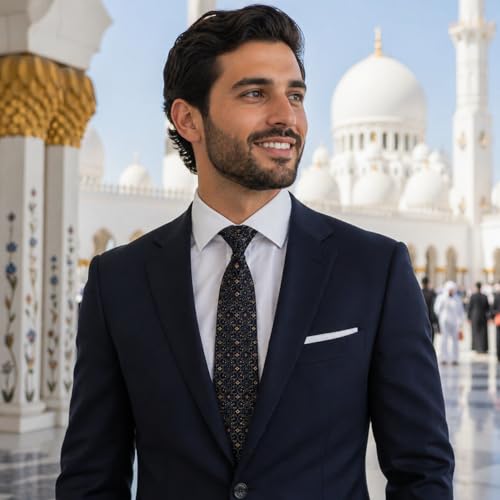 ASVP Shop Eid Necktie for Men Navy Blue and Gold Islamic Geometric Pattern Tie Muslim Holiday Dress Tie for Prayer Dinner Celebration Wedding