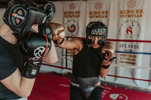 RIVAL Boxing RHG10 Intelli-Shock Headgear, D3O Front and Side Padding, Hook and Loop Back Adjustment with Lace on Top, and Anatomical Rear Head Pad Every Time - color: Black/Gold, size: Small