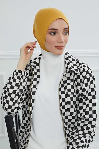 Aisha's Design Instant Turban 95% Cotton Head Scarf Headwear Combed Cotton Ninja Cap, Slip on Jersey Hijab - color: Mustard Yellow
