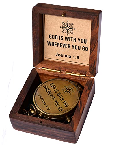 Be Strong and Courageous (Joshua 1:9) Brass Compass with wooden Box-Engraved Scripture Prayer Compass Religious Gift for Men & Women - Baptism, Confirmation, Communion Compass for Boys Graduation Gift - style: #4 God Compass (Joshua 1:9)