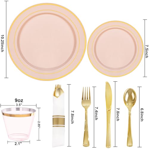 175PCS Pink Gold Plastic Dinnerware Set,Pink Plastic Plates, Include: 25 Dinner Plates, 25 Dessert Plates, 25 Pre Rolled Napkins with Gold Silverware, 25 Cups for Spring Wedding,Mother's Day - color: Pink and Gold