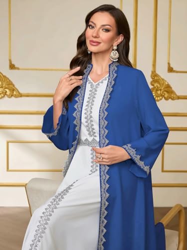 Elegant Muslim Dress Traditional Islamic Attire Maxi Robe Eid Prayer Gown - color: Blue and White, size: XX-Large