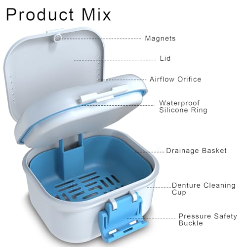 BVN 2-in-1 Leak Proof Denture Soaking Cup with Strainer | Hygienic Storage Case for Dentures, Braces, Mouth Guards & Travel Retainers - color: White+blue