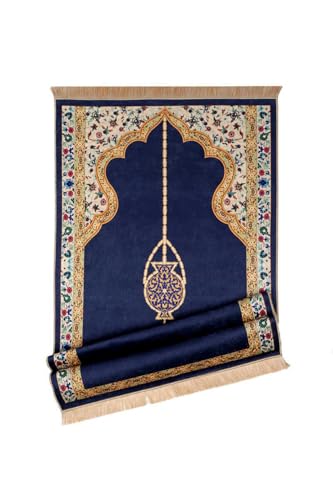 SODEF Velvet Prayer Rug Seccade Navy Blue Polyester with Chenille Base and Tassels - Comfortable and Durable for Daily Use - Multicolor