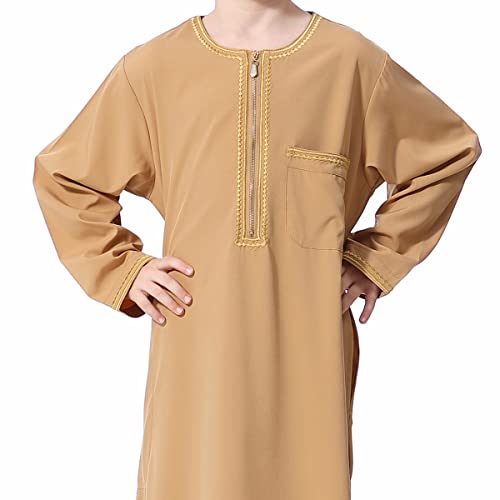 OBEEII Boy's Muslim Arab Solid Color Thobe Long Sleeve Kaftan Embroidered Robe Islamic Arabic Abaya Thobe - color: Brown, size: 5-6 Years