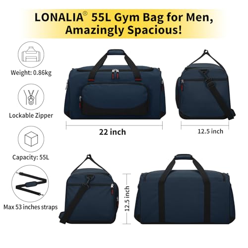 55L Large Sports Duffle Bag for Men, 22 inch, Navy Blue | Heavy Duty, Gym Duffel Bag, Multi Pockets, Spacious - color: Navy Blue