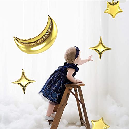 54Pcs Star Foil Balloons Moon Foil Mylar Balloons Kit with 50Pcs Gold Star Balloons and 4Pcs Large Moon Foil Balloons for Baby Shower Christmas Anniversary Engagement Wedding Birthday Party Decoration - style: Gold Moon Star Balloons