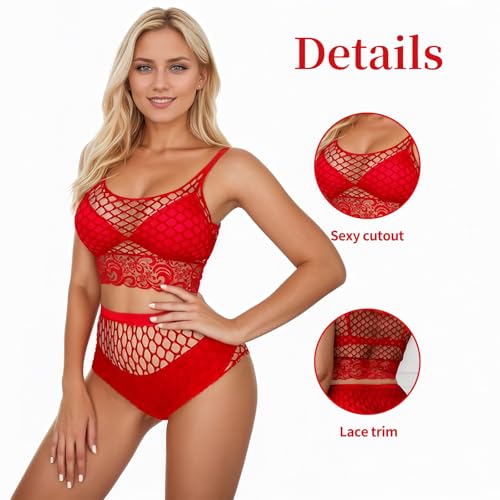 Fishnet Lingerie Set for Women, Sexy Fishnet Outfit Fish Net Lingerie Women | Fishnet Lingerie Set for Women, Mesh Lingerie Sexy Fishnet Outfit Fish Net Lingerie for Women Sexy Naughty - color: Red