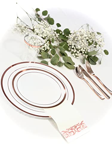 Rose Gold Plastic Dinnerware set 175 Pieces- 50 Rose Gold Rim Plastic Plates - 25 Rose Gold Plastic Silverware - 25 Rose Gold plastic Cups - 25 Fancy Napkins - Party of 25