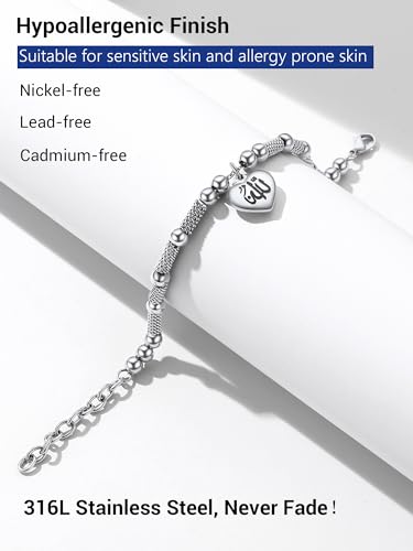 PROSTEEL Allah Bracelet, Muslim Islamic Jewelry Religious Islam Arabic God Charm Stainless Steel Beads Chain Bracelet, fits wrist from 5.9'' to 7.9'', Come with Box - color: 01 silver-allah heart